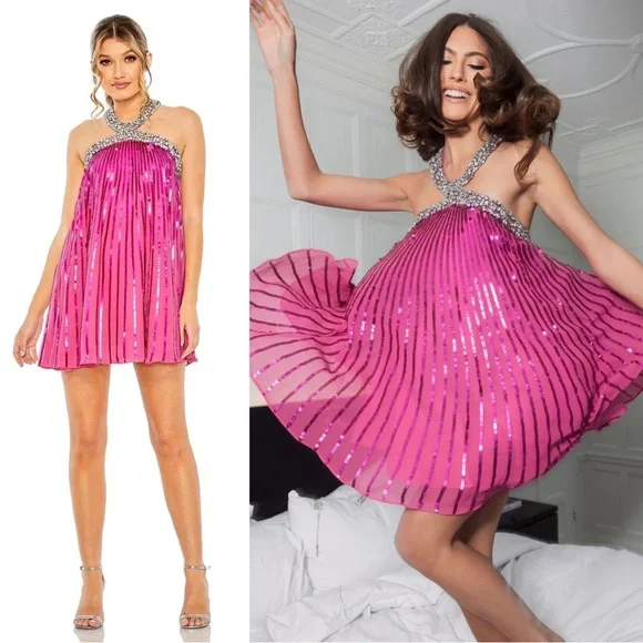 Mac Duggal Fuchsia Pink Sequin Halter Mini Dress - Picture 2 of 7